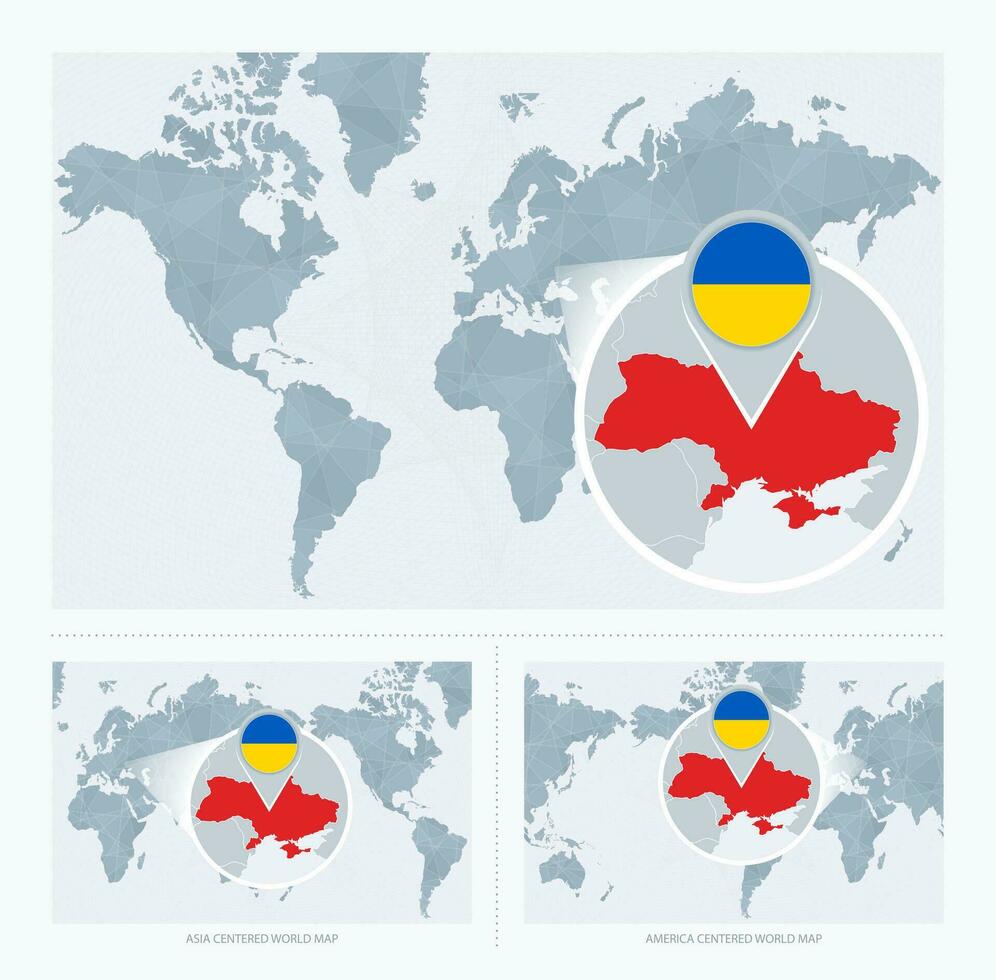 Magnified Ukraine over Map of the World, 3 versions of the World Map with flag and map of Ukraine. vector