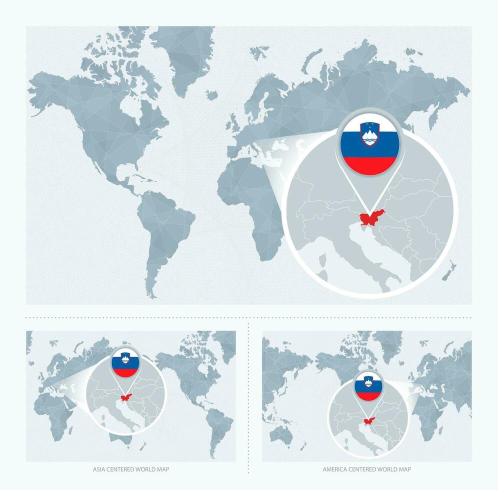 Magnified Slovenia over Map of the World, 3 versions of the World Map with flag and map of Slovenia. vector