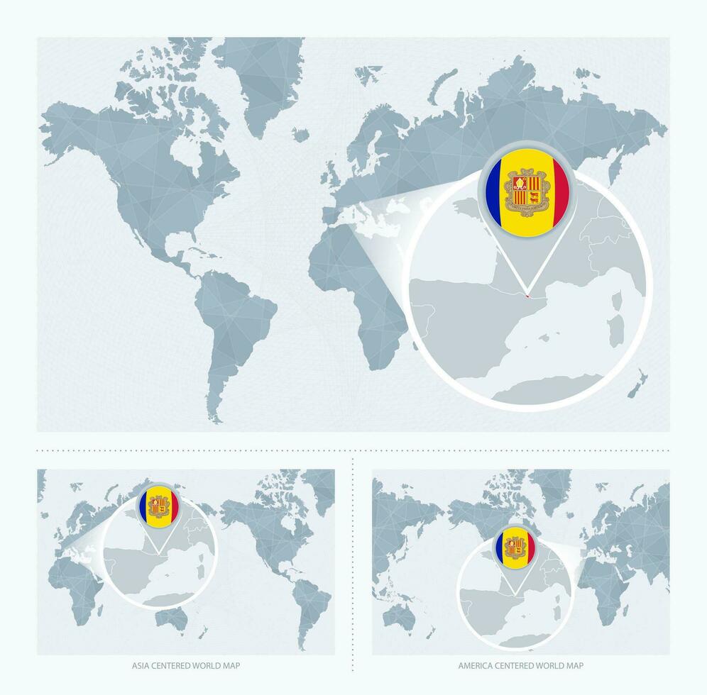 Magnified Andorra over Map of the World, 3 versions of the World Map with flag and map of Andorra. vector