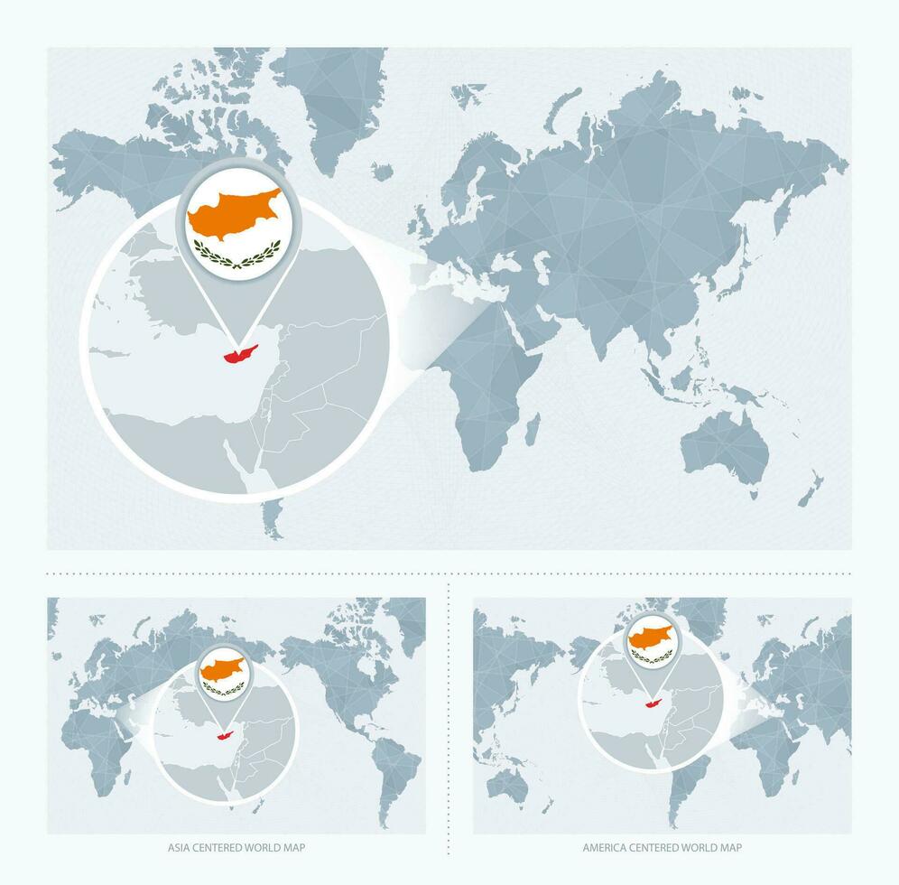 Magnified Cyprus over Map of the World, 3 versions of the World Map with flag and map of Cyprus. vector