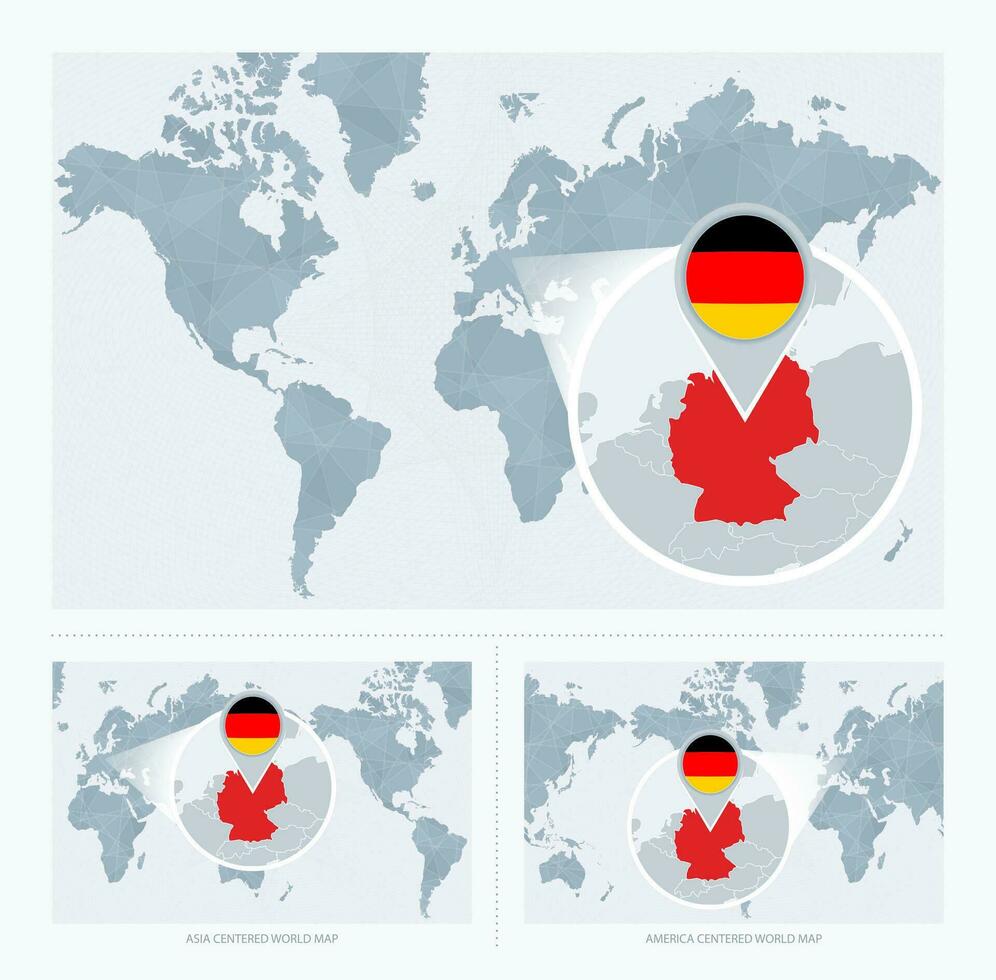 Magnified Germany over Map of the World, 3 versions of the World Map with flag and map of Germany. vector