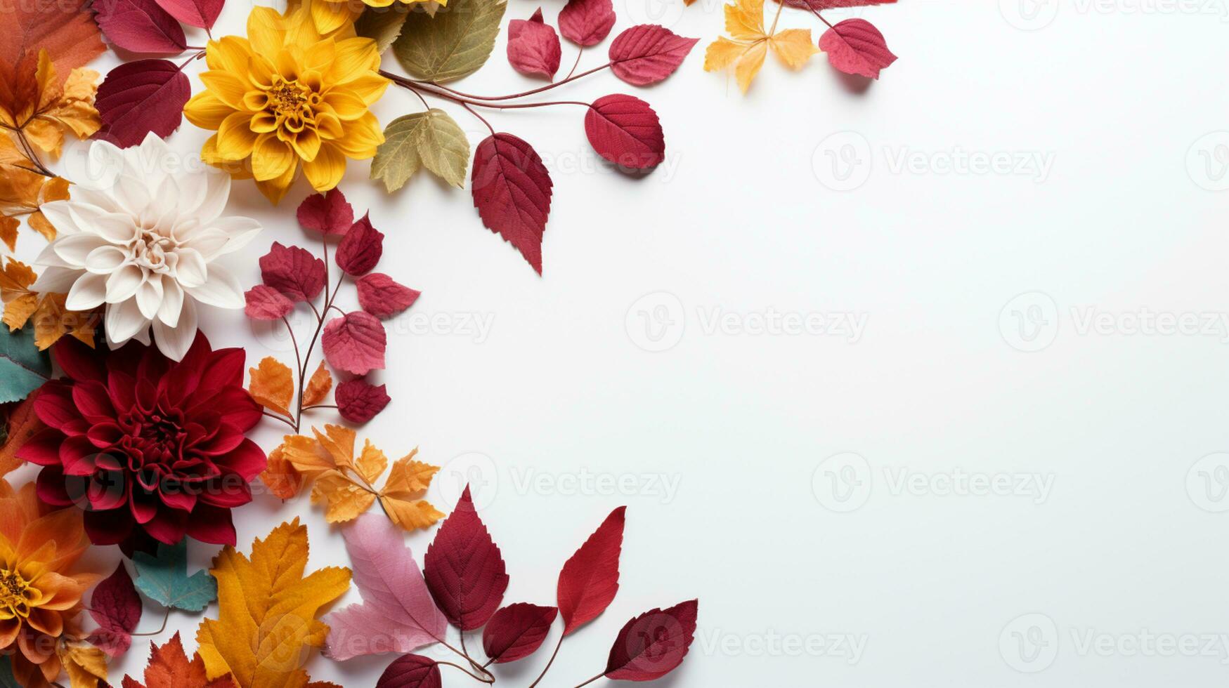 Colorful autumn yellow and red leaves isolated on background, Copy Space photo