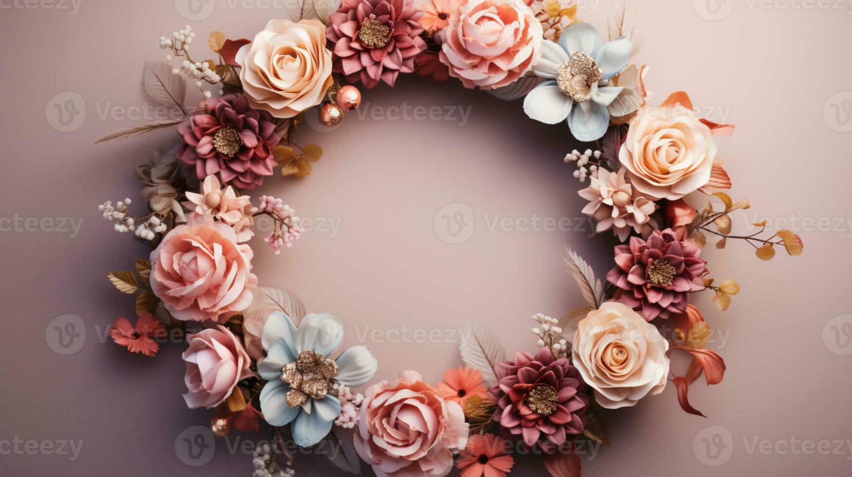 Top view of Blooming colorful wreath flowers and petals isolated on pastel table background, Floral frame composition, copy space, flat lay, AI Generative photo