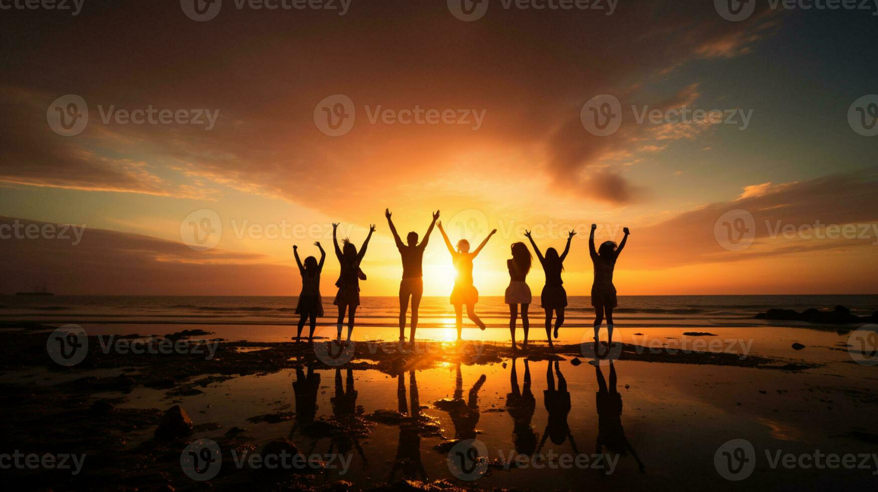 Photograph of group silhouette jumping up on the beach, golden hour, AI Generated photo