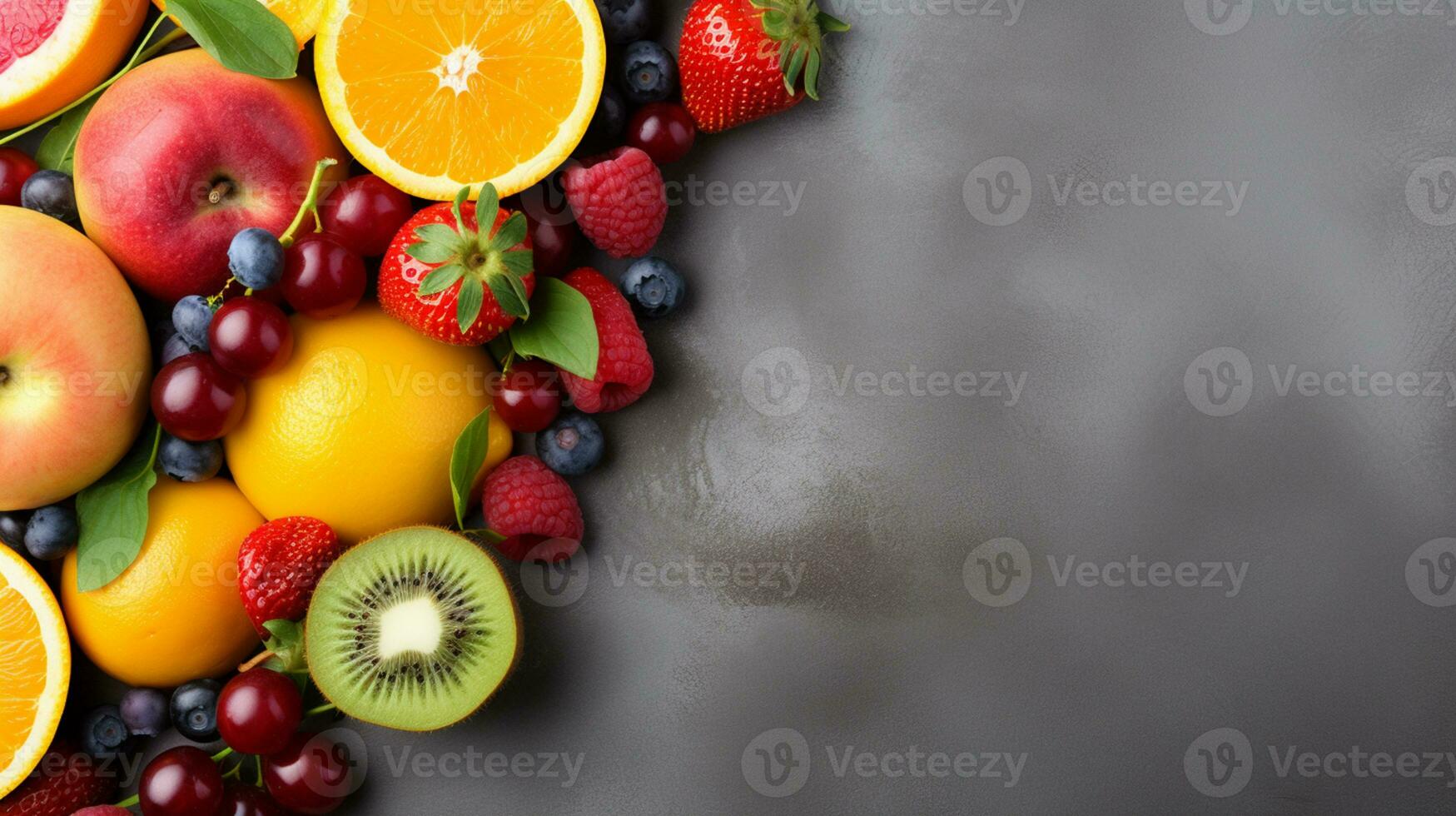 Fresh organic fruits lineup isolated on background, copy space photo