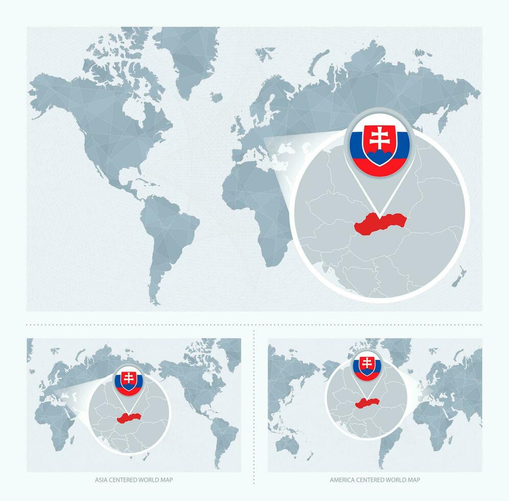 Magnified Slovakia over Map of the World, 3 versions of the World Map with flag and map of Slovakia. vector