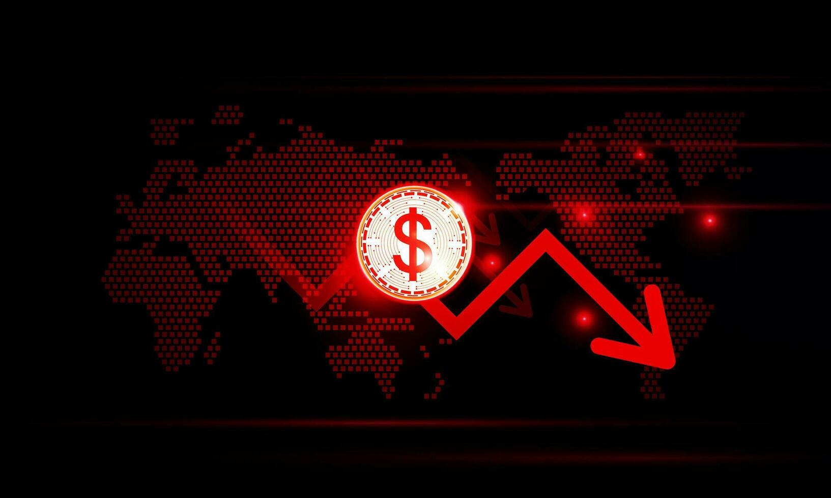 financiero gráfico con dólar disminución en dinero flecha grafico y mundo mapa en valores mercado en azul color antecedentes concepto innovación fondo, vector diseño