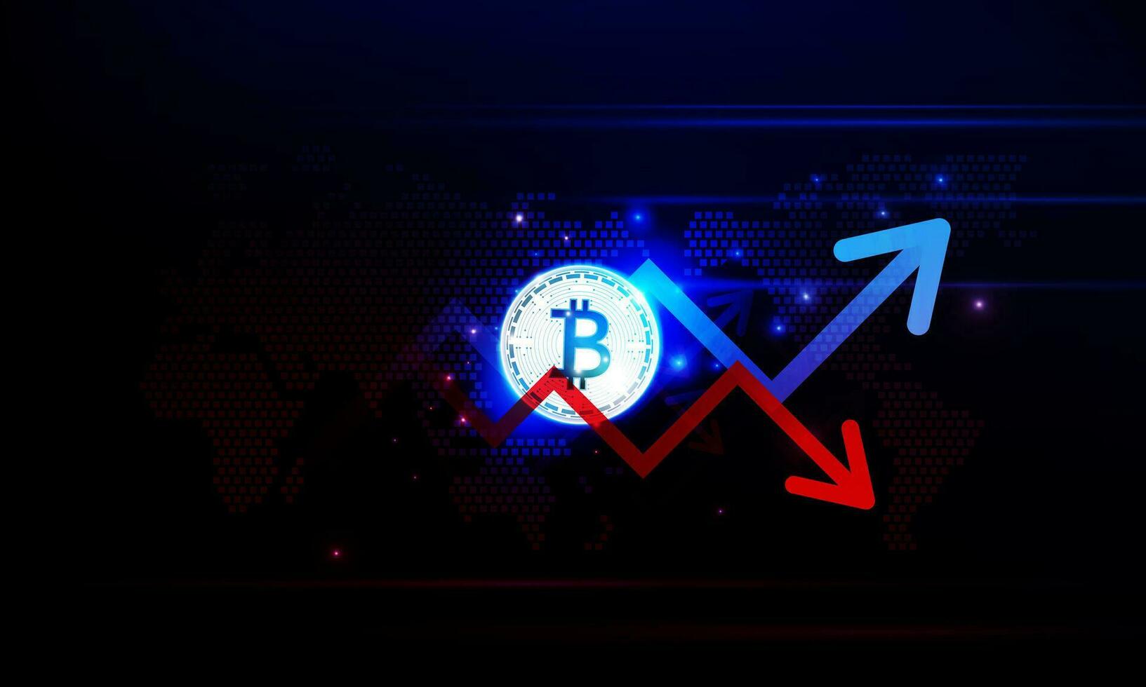 financiero gráfico con Moviente arriba y abajo flecha grafico bitcoin criptomoneda tecnología y mundo mapa en valores mercado en azul color antecedentes concepto innovación fondo, vector diseño