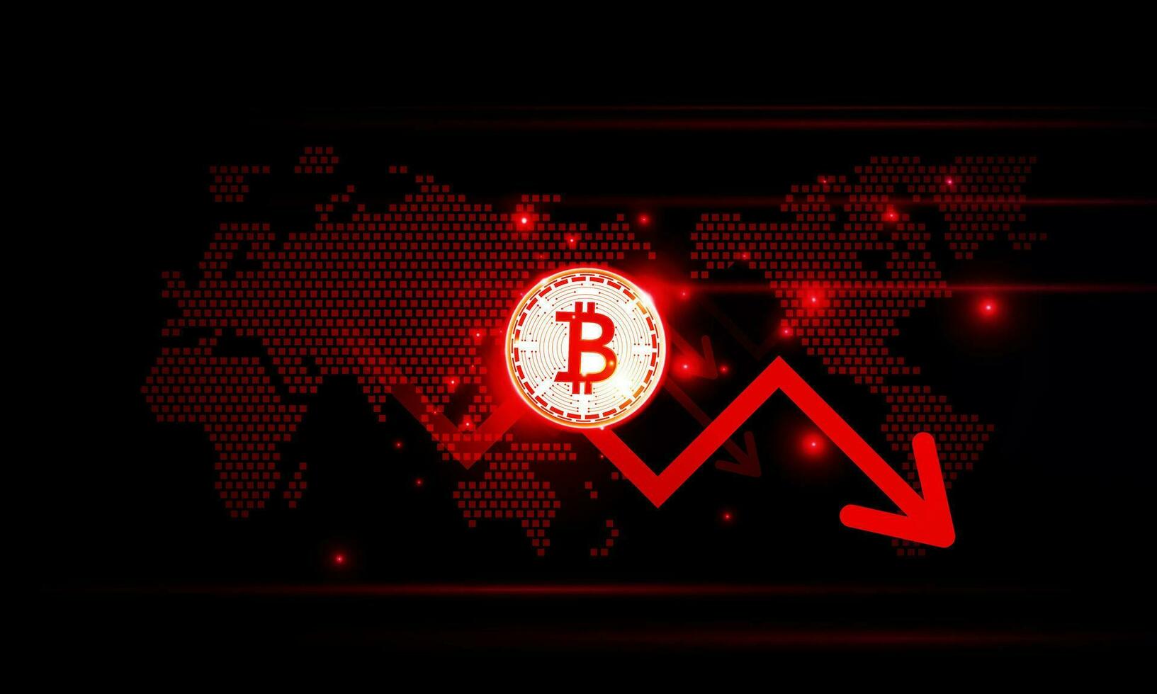 financiero gráfico con Moviente disminución en dinero flecha grafico bitcoin criptomoneda tecnología y mundo mapa en valores mercado en azul color antecedentes concepto innovación fondo, vector diseño