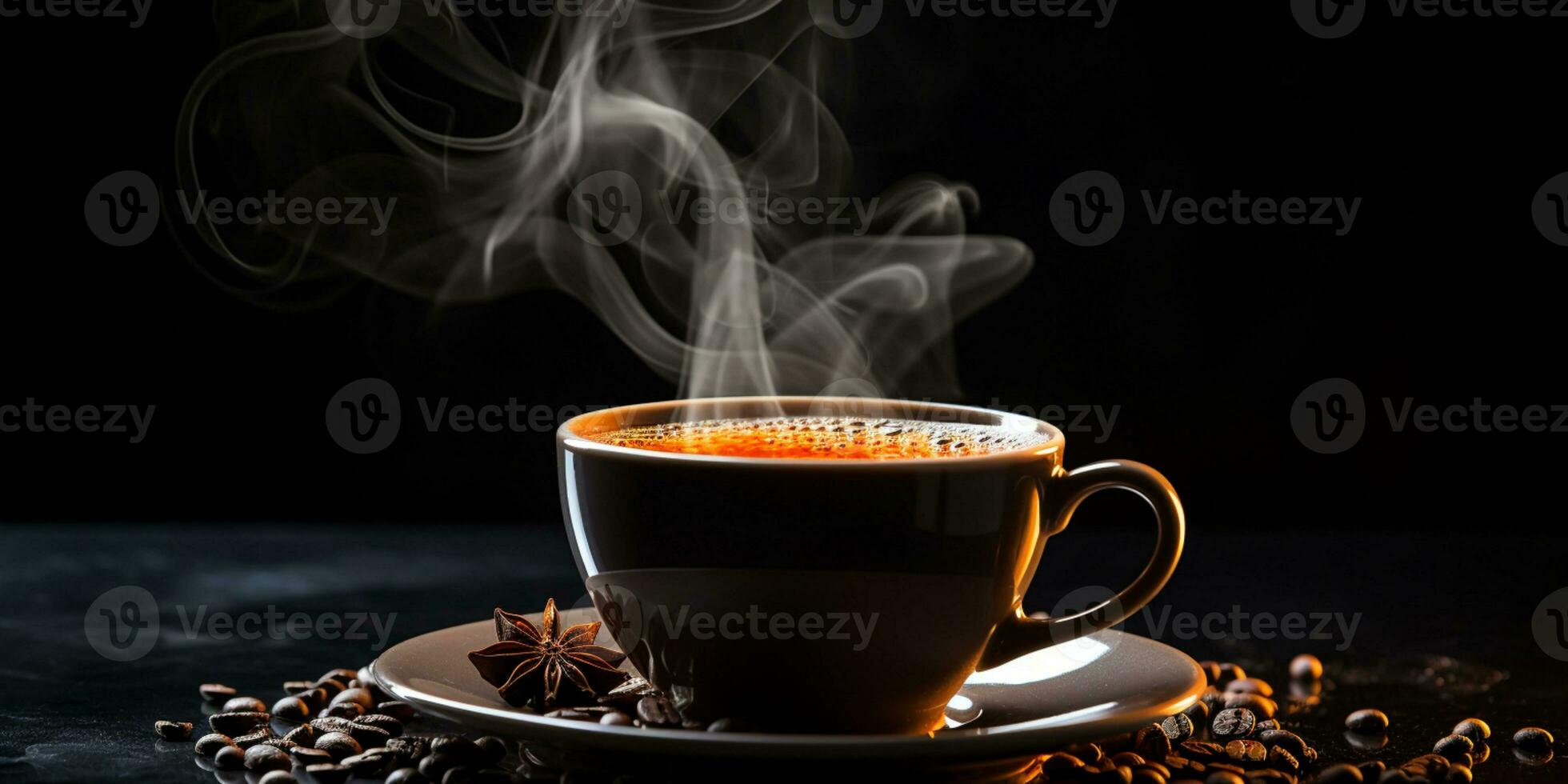 Refreshing Cup of hot Coffee on a table isolated on black background, copy space, cozy warm mood photo