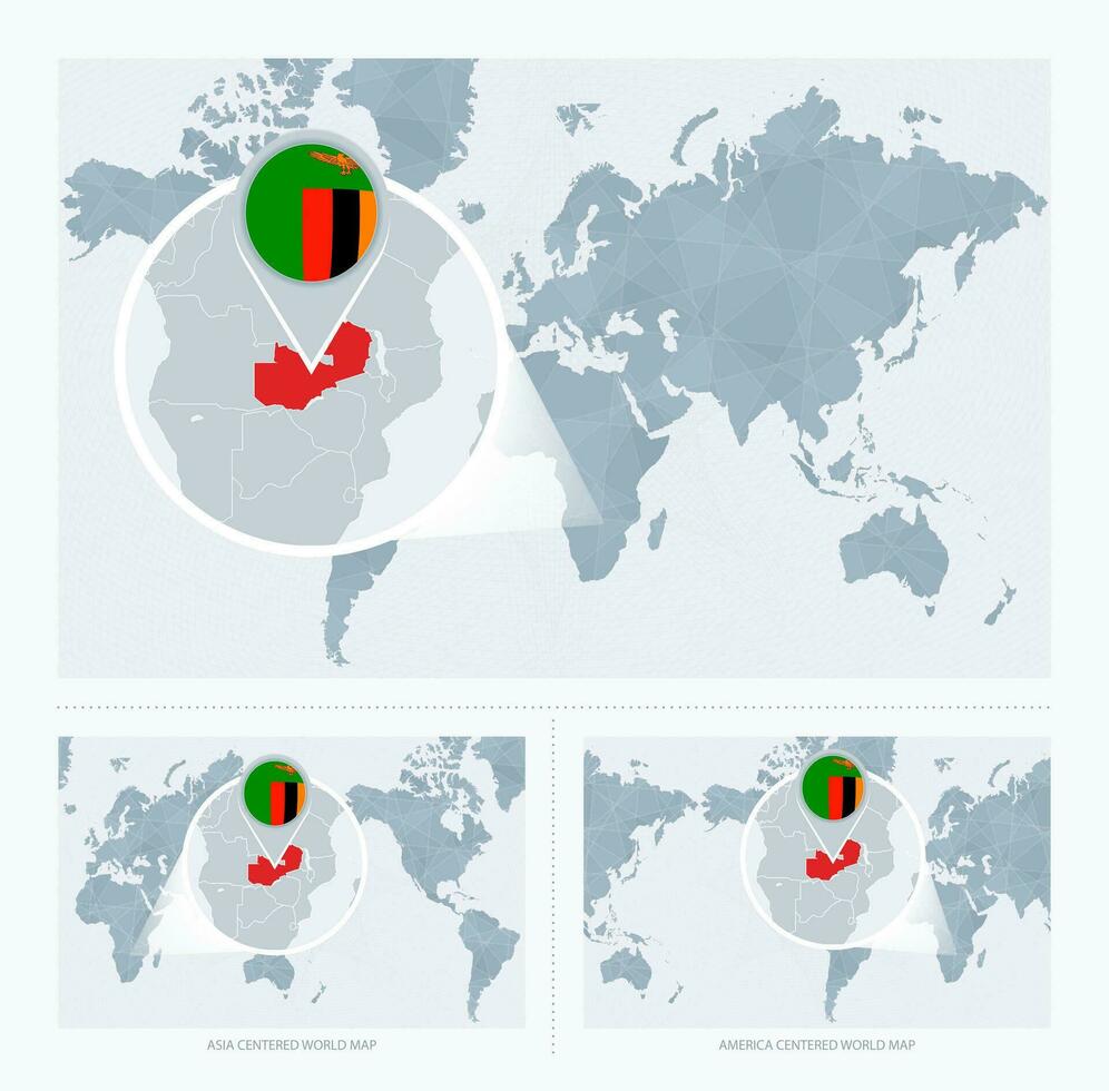 Magnified Zambia over Map of the World, 3 versions of the World Map with flag and map of Zambia. vector