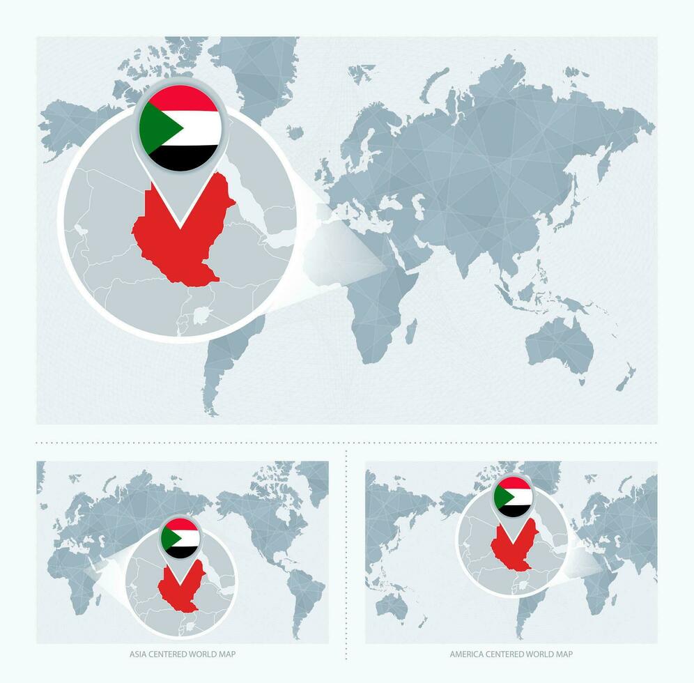 Magnified Sudan over Map of the World, 3 versions of the World Map with flag and map of Sudan. vector