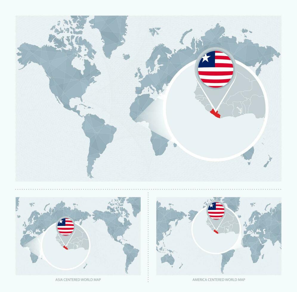 magnificado Liberia terminado mapa de el mundo, 3 versiones de el mundo mapa con bandera y mapa de Liberia. vector