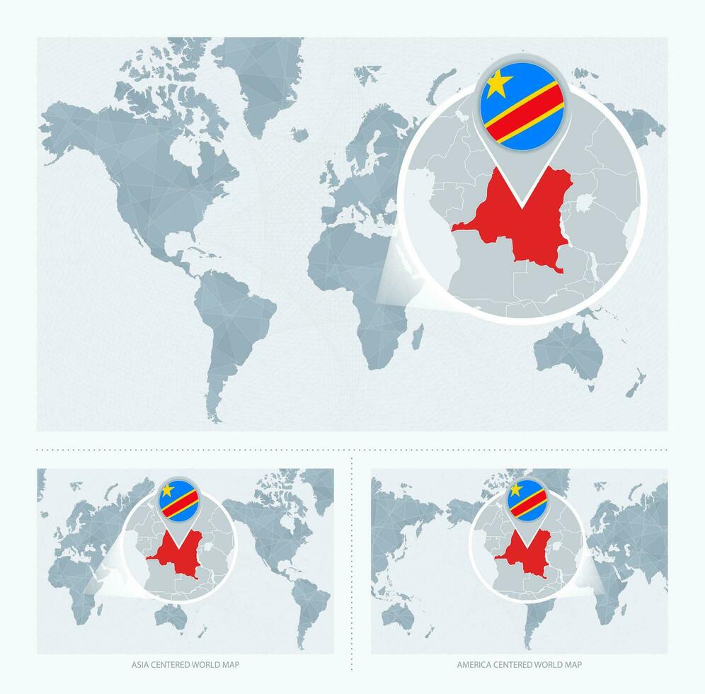 Magnified DR Congo over Map of the World, 3 versions of the World Map with flag and map of DR Congo. vector