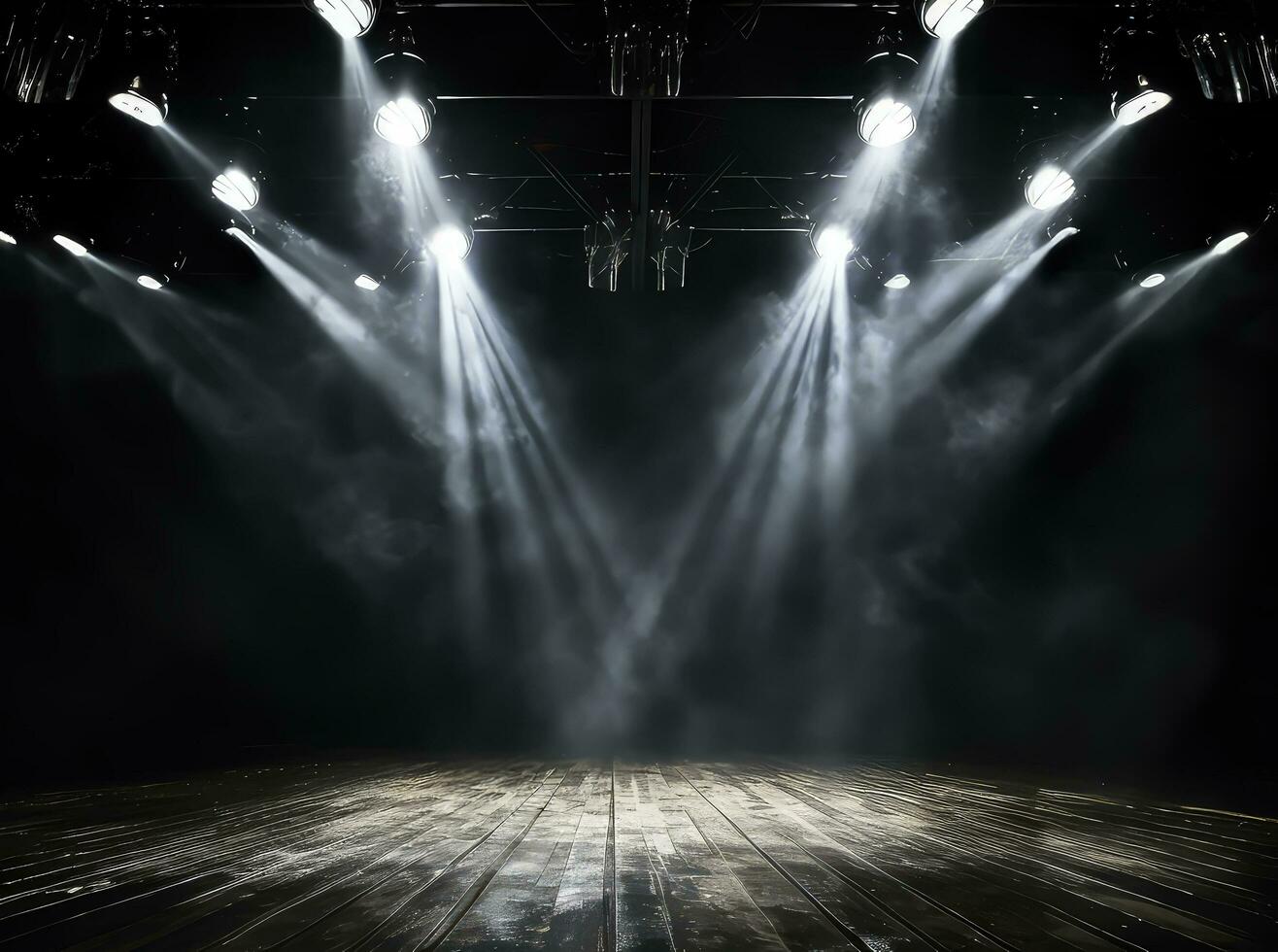 Empty grunge room interior with spotlights shining in a smoky atmosphere photo