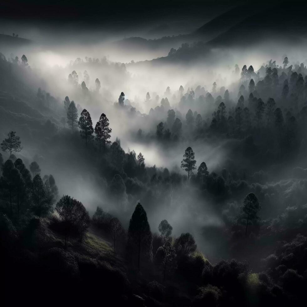 Landscape of trees on hills with low mist photo