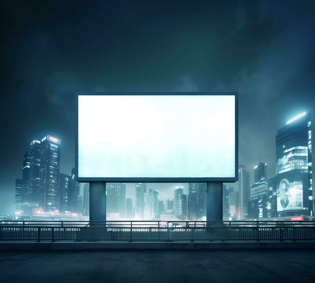 Empty billboard against a futuristic city landscape background photo