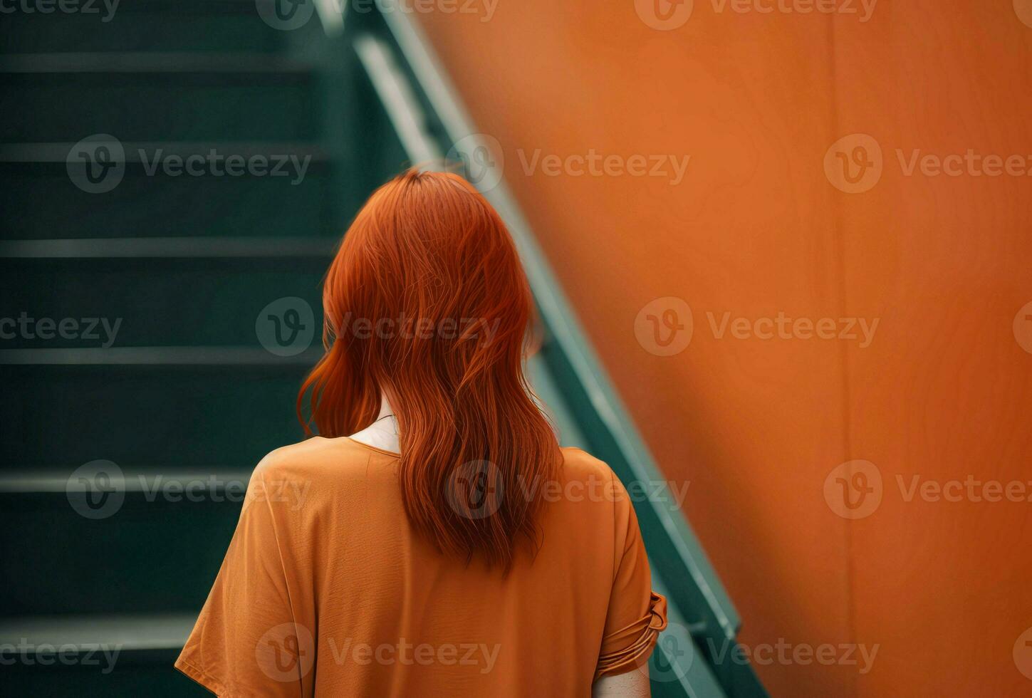 Red hair woman stairs wall. Generate Ai photo
