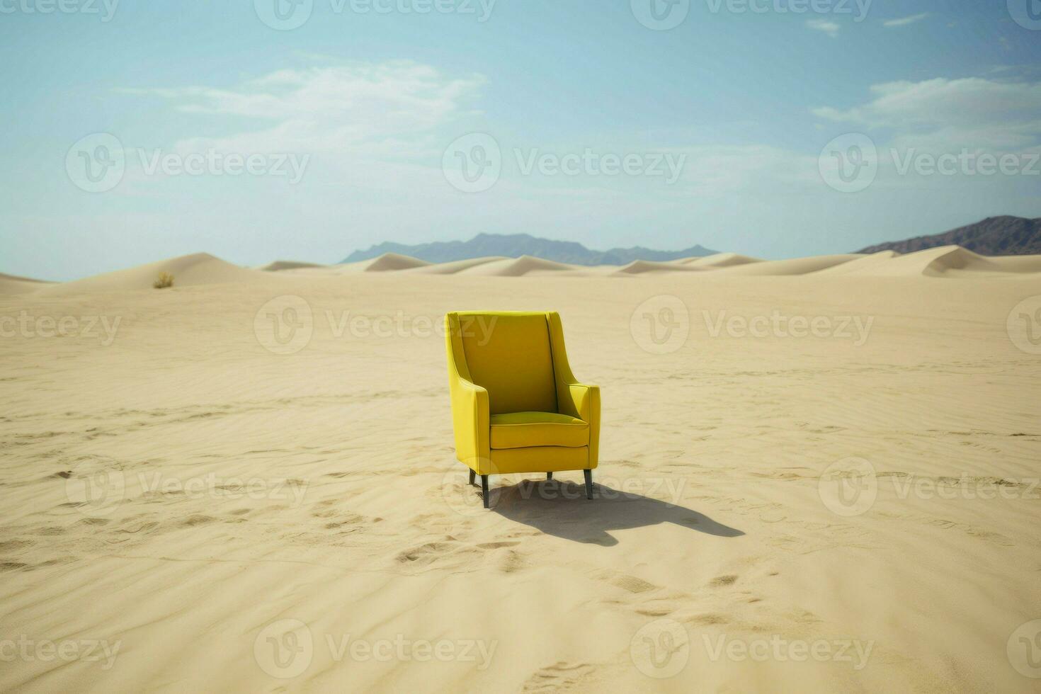 Yellow armchair desert surreal. Generate Ai photo