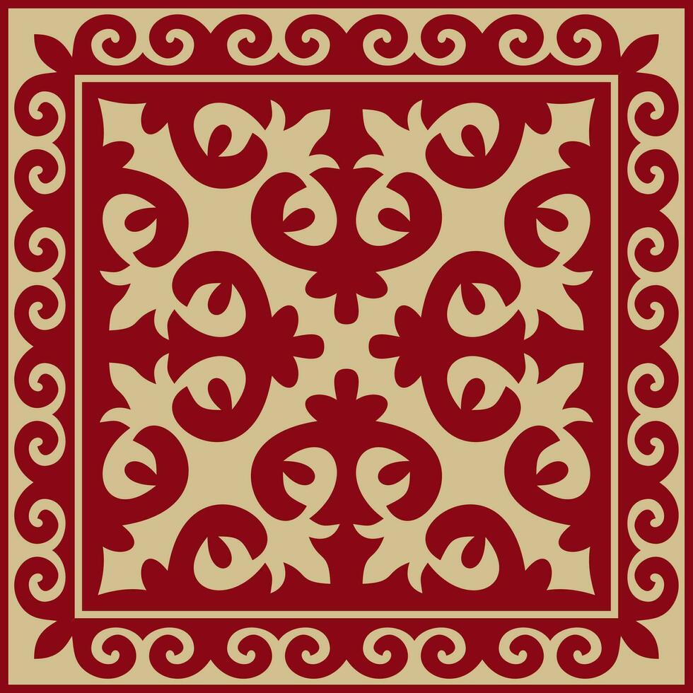 Vector red with gold Square Kazakh national ornament. Ethnic pattern of the peoples of the Great Steppe,