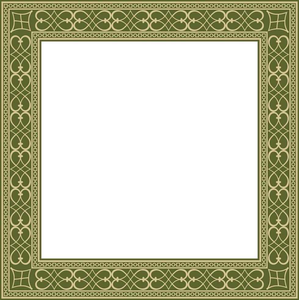 Vector gold and green square classic renaissance ornament. Endless european border, revival style frame