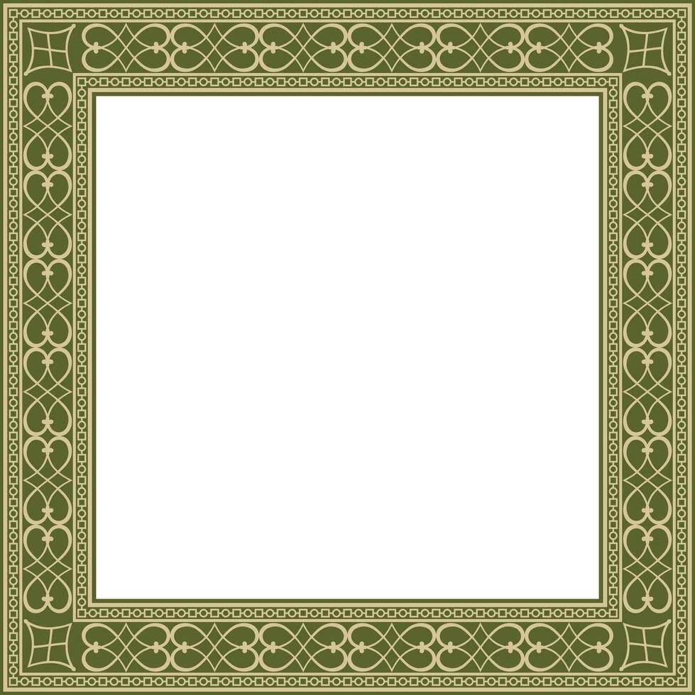 Vector gold and green square classic renaissance ornament. Endless european border, revival style frame