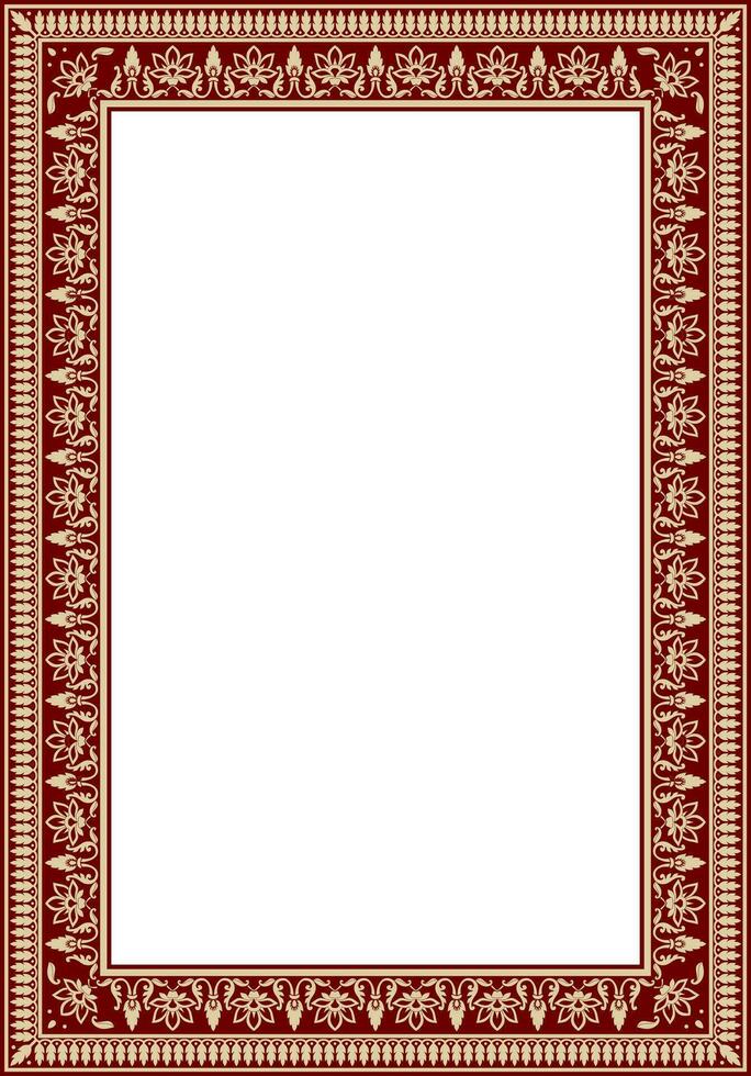 Vector square gold with red Indian national ornament. Ethnic plant border. Flowers frame. Poppies and leaves