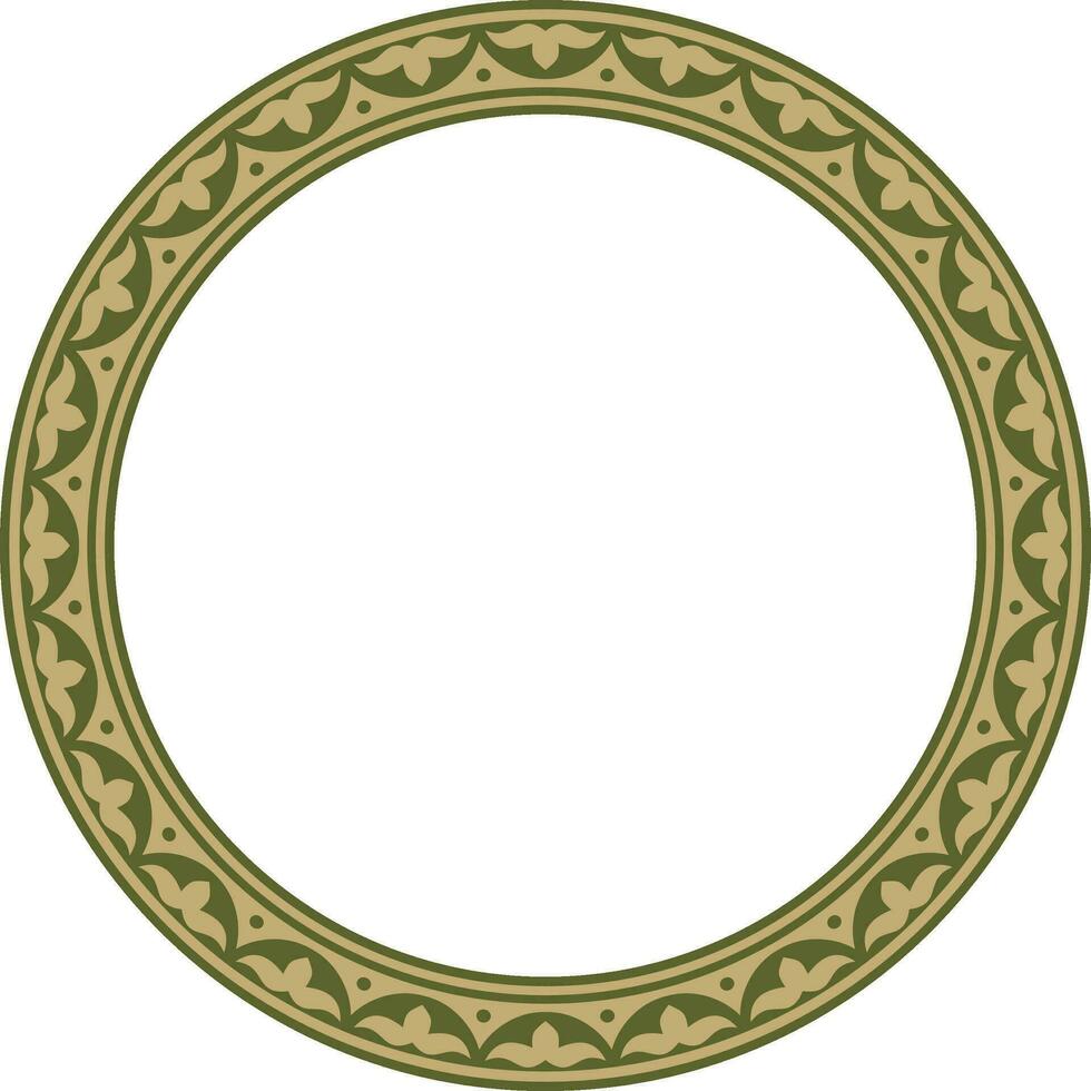 Vector green and gold round Kazakh national ornament. Ethnic pattern of the peoples of the Great Steppe,