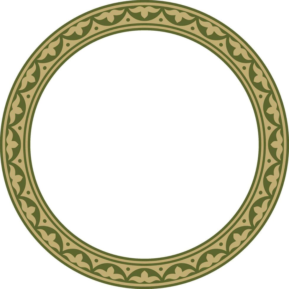 Vector green and gold round Kazakh national ornament. Ethnic pattern of the peoples of the Great Steppe,