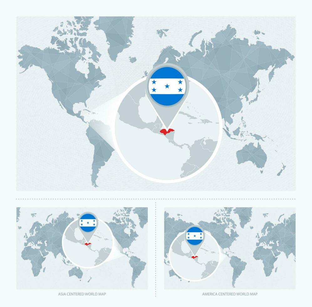Magnified Honduras over Map of the World, 3 versions of the World Map with flag and map of Honduras. vector