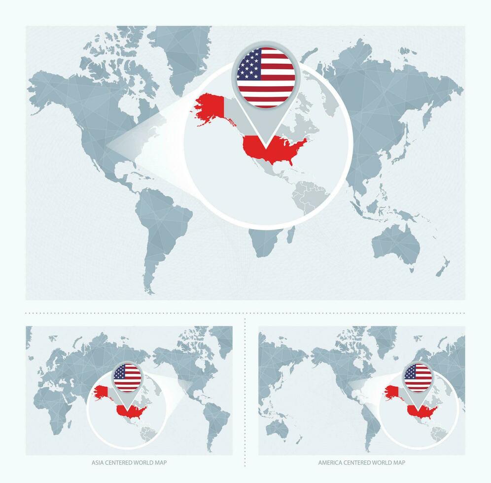 magnificado Estados Unidos terminado mapa de el mundo, 3 versiones de el mundo mapa con bandera y mapa de EE.UU. vector