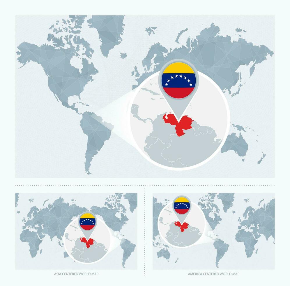 Magnified Venezuela over Map of the World, 3 versions of the World Map with flag and map of Venezuela. vector