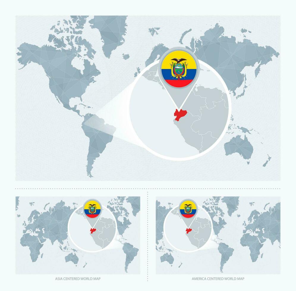 Magnified Ecuador over Map of the World, 3 versions of the World Map with flag and map of Ecuador. vector