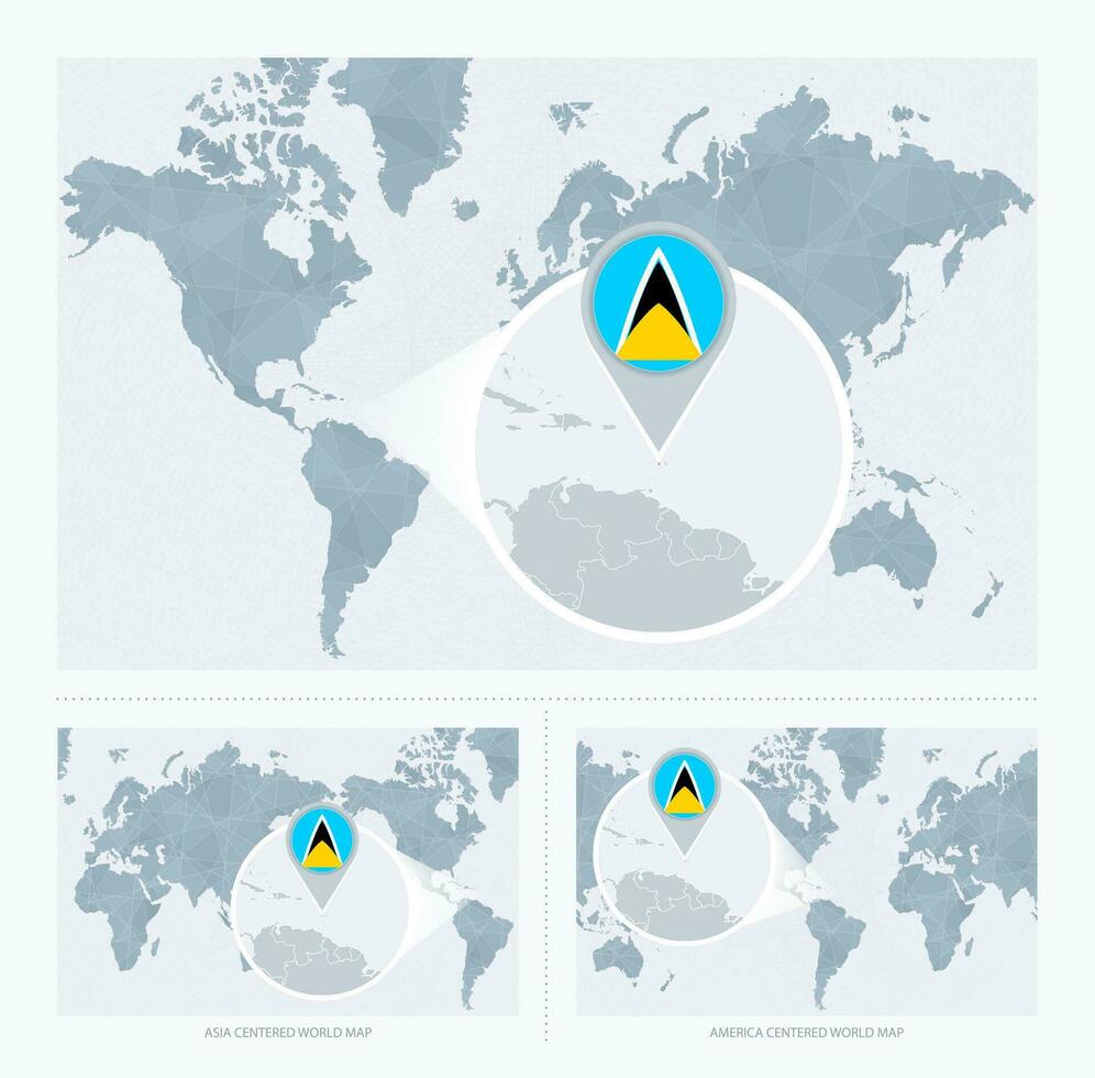 magnificado Santo lucia terminado mapa de el mundo, 3 versiones de el mundo mapa con bandera y mapa de Santo lucia vector