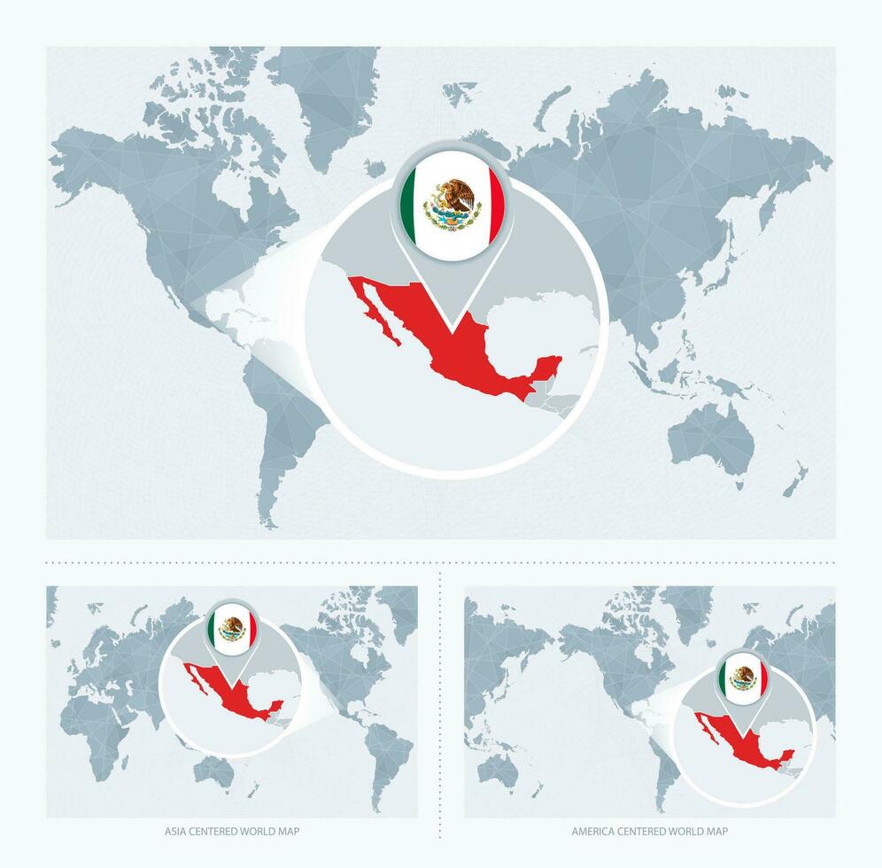 Magnified Mexico over Map of the World, 3 versions of the World Map with flag and map of Mexico. vector