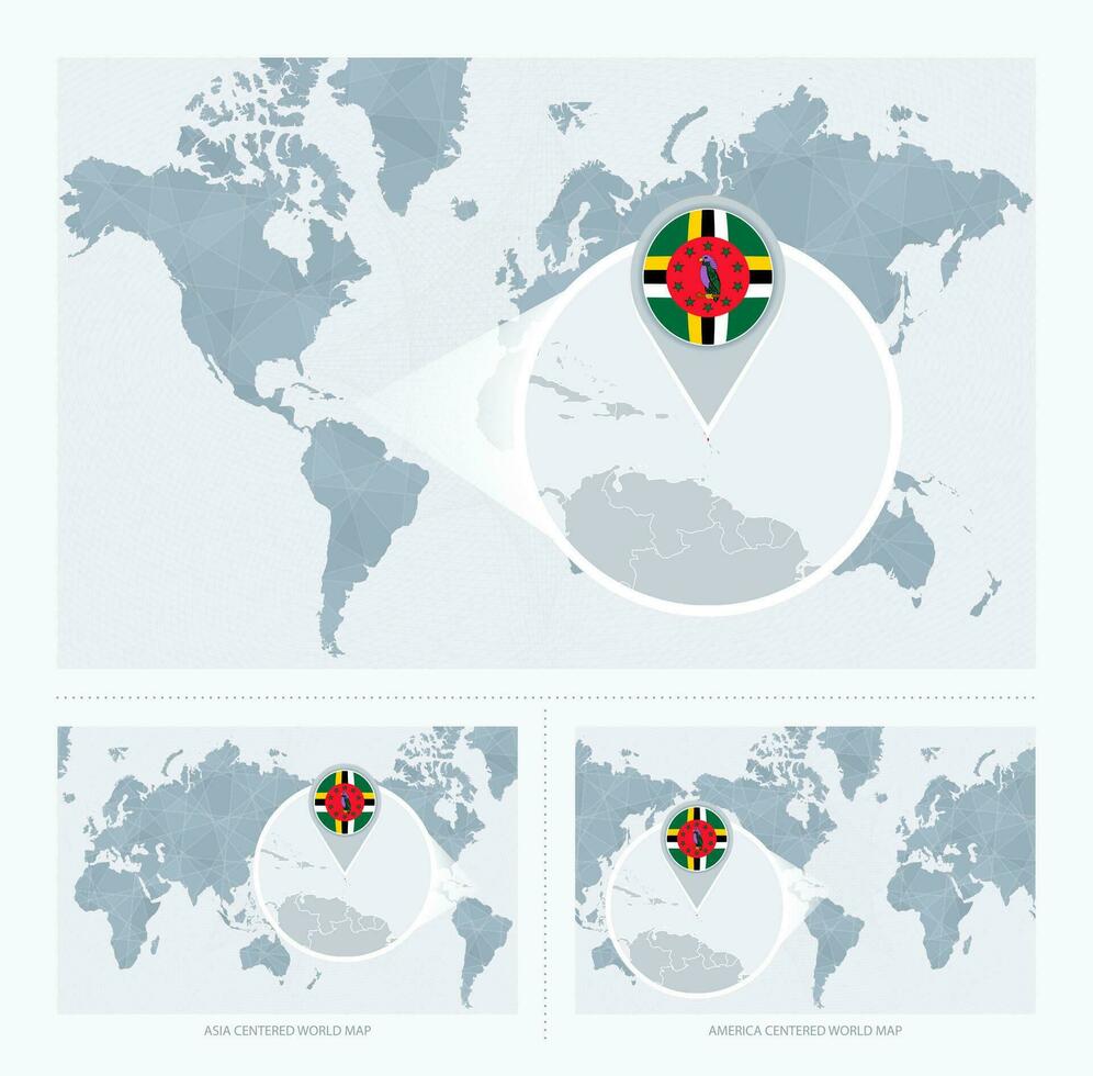 Magnified Dominica over Map of the World, 3 versions of the World Map with flag and map of Dominica. vector