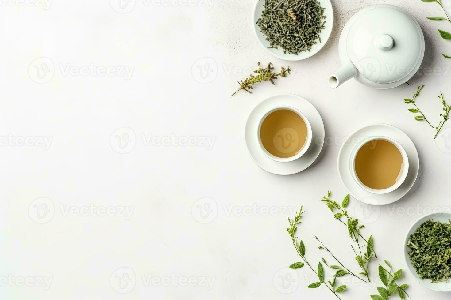 Green tea in a white teapot and cups on white background top view with copy space. Generative AI photo