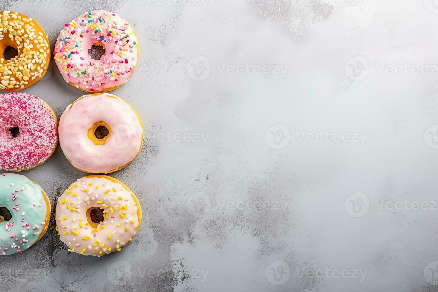Colorful glazed donutsle background. Top view with copy space. Generative AI photo