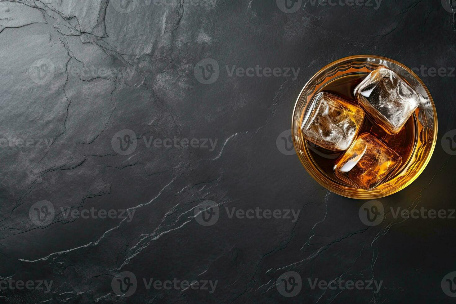 Whiskey with ice cubes on black marble background, top view.  Generative AI photo