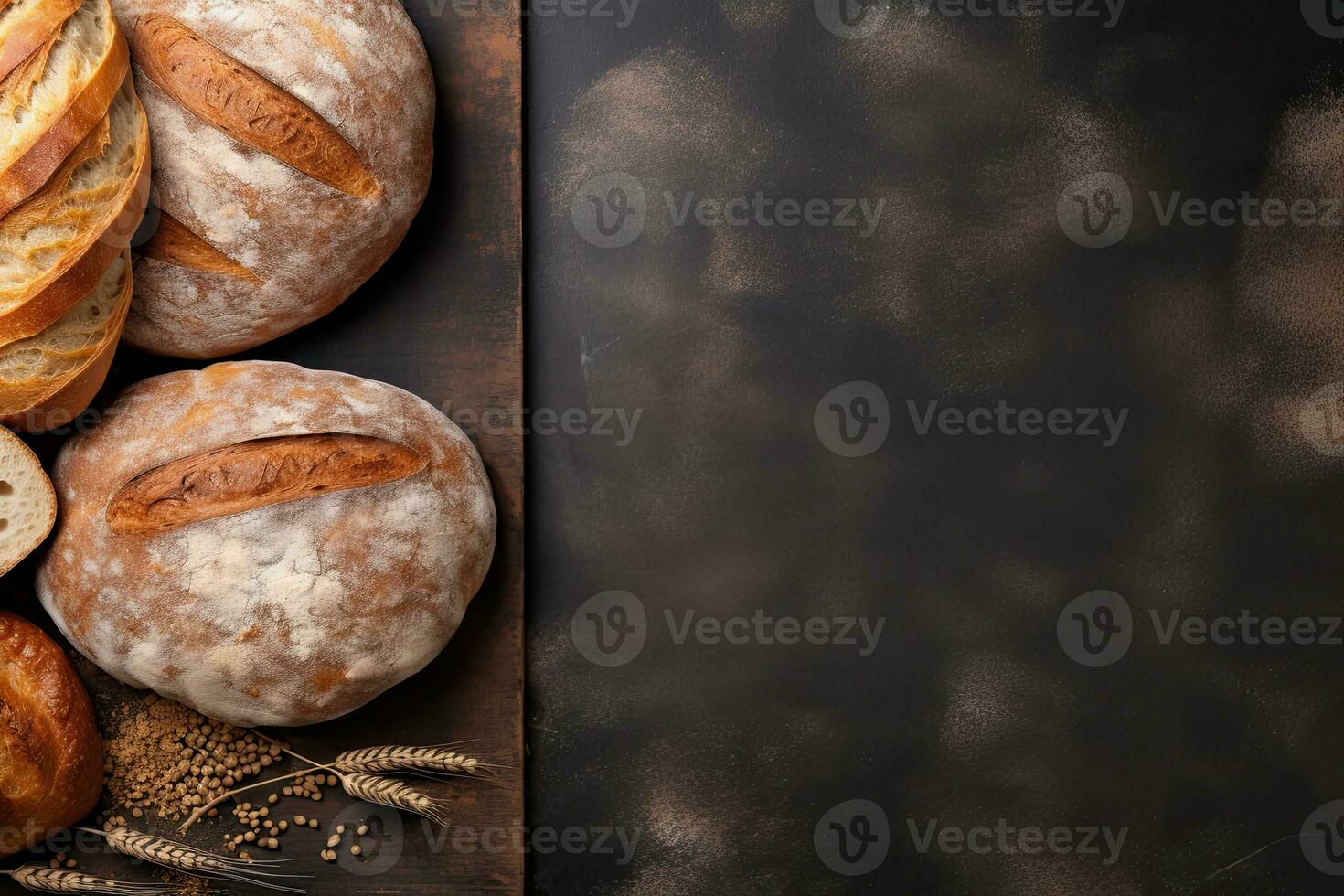 Freshly baked bread and wheat ears on rustic background. Top view with copy space. Generative AI photo