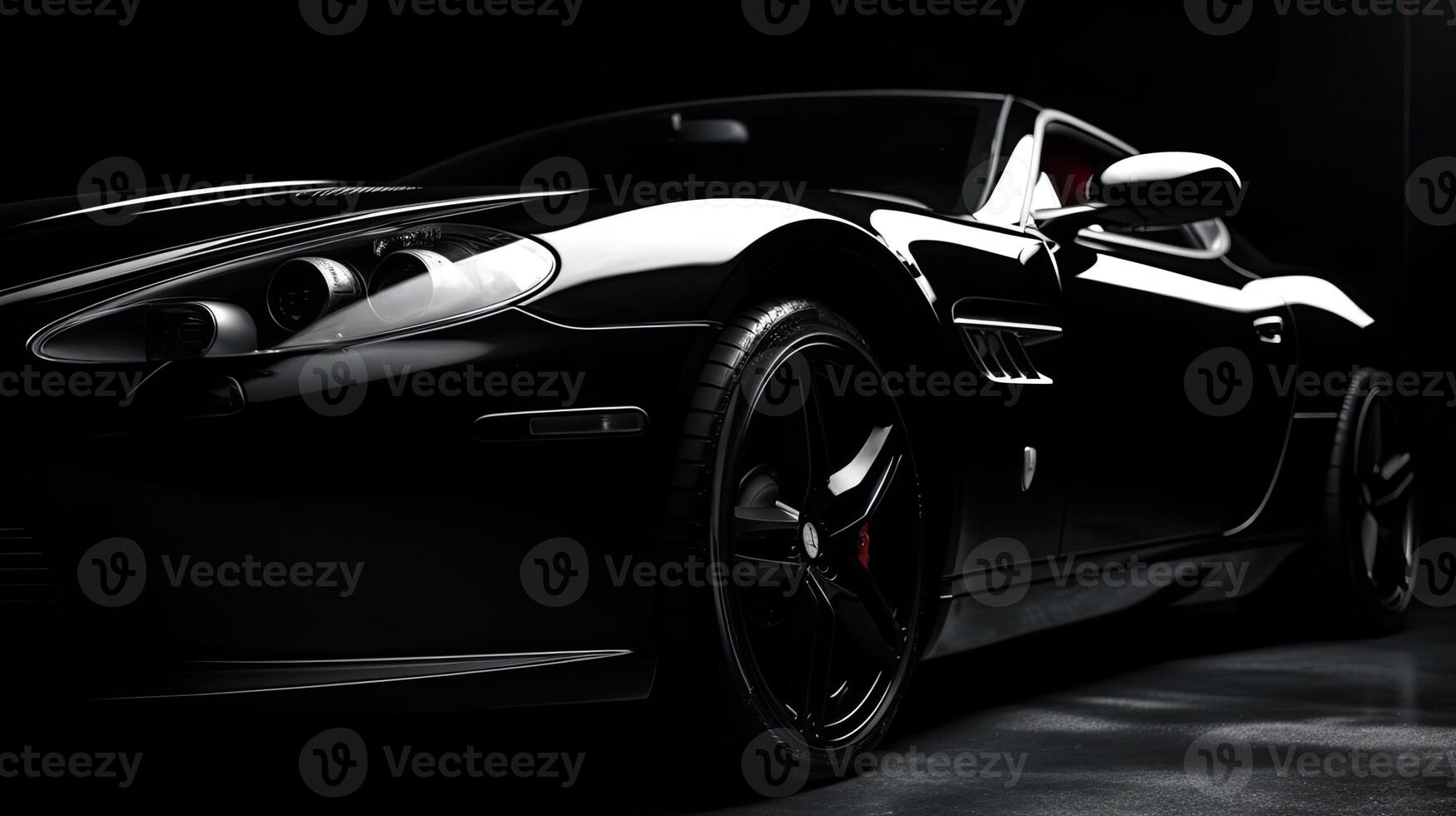 Close up front view of black sports car with copy space. Generative AI photo