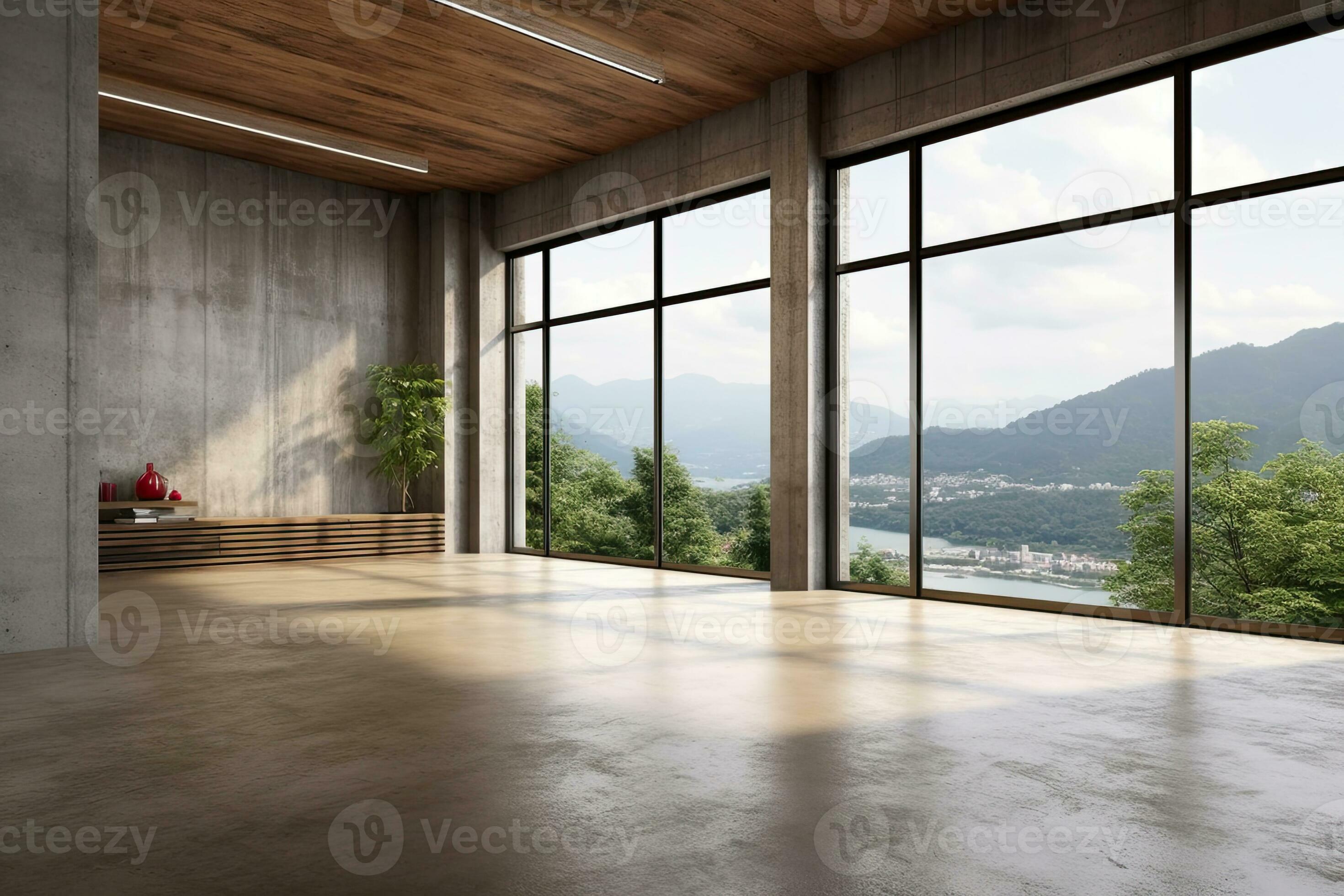 Empty room with panoramic window and mountain view. Generative AI