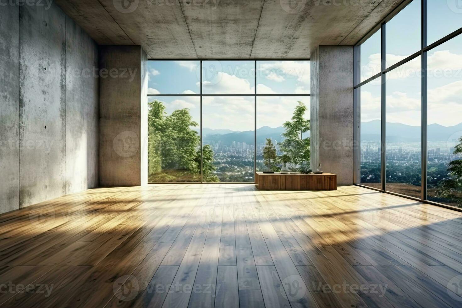 Empty room with panoramic window and mountain view. Generative AI