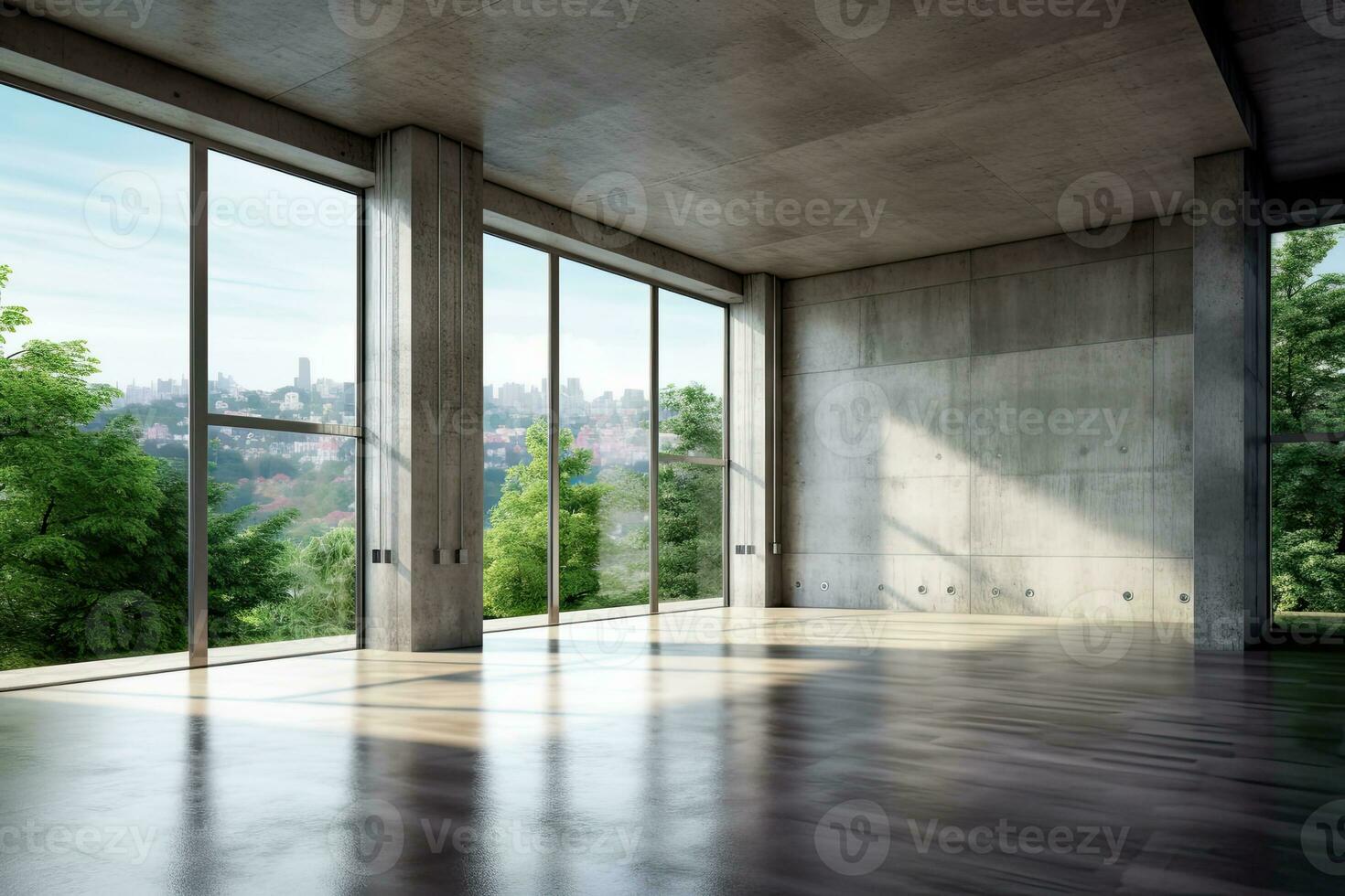 Empty room with panoramic window and mountain view. Generative AI