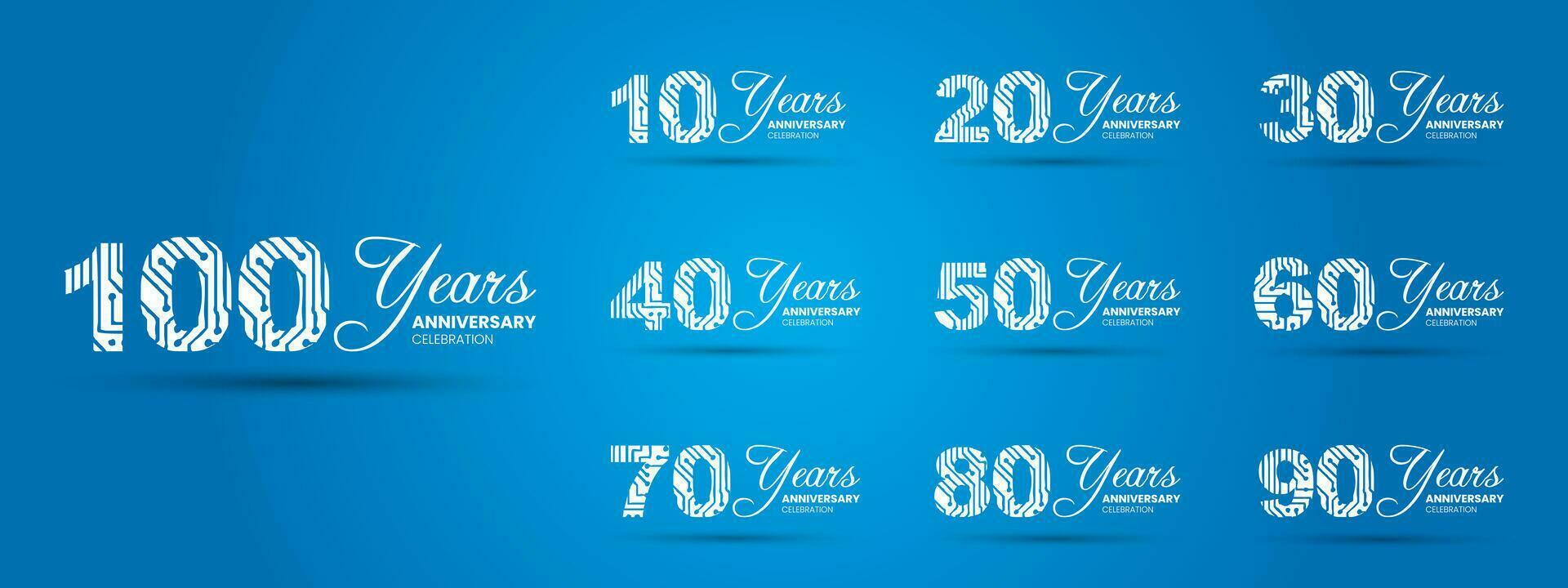 conjunto de 10º-100º aniversario celebracion emblema. blanco aniversario logo con azul antecedentes. vector ilustración modelo diseño para web, póster, volantes, saludo tarjeta y invitación tarjeta.