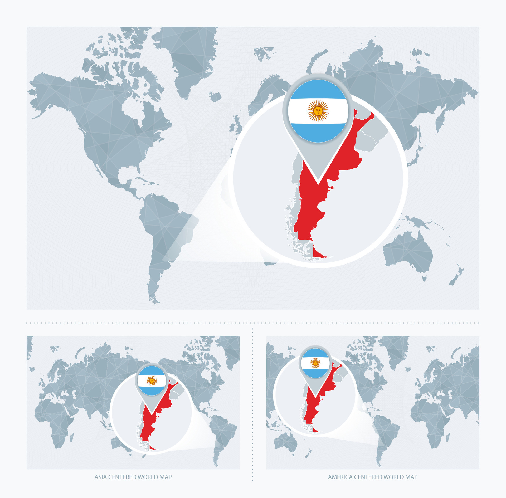 Magnified Argentina Over Map Of The World 3 Versions Of The World Map Magnified Argentina Over Map Of The World 3 Versions Of The World Map With Flag And Map Of Argentina Vector