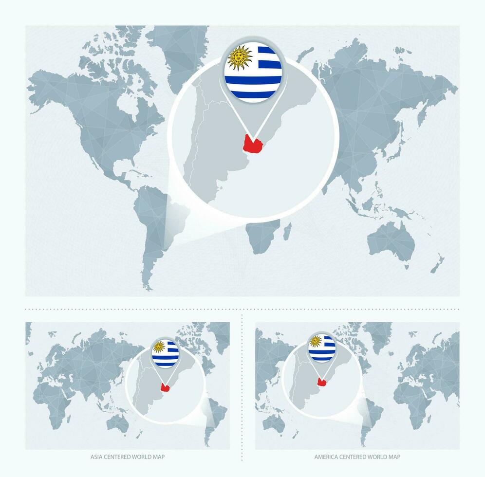 Magnified Uruguay over Map of the World, 3 versions of the World Map with flag and map of Uruguay. vector