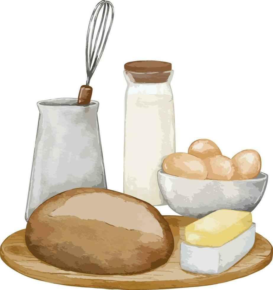 postres y panadería productos y Cocinando conjunto cocina utensilios dibujado acuarela ilustración aislado elemento vector