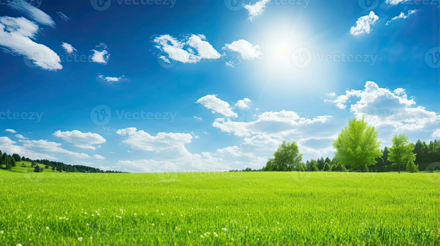 Beautiful summer landscape with green meadow and blue sky with clouds. Generative AI photo