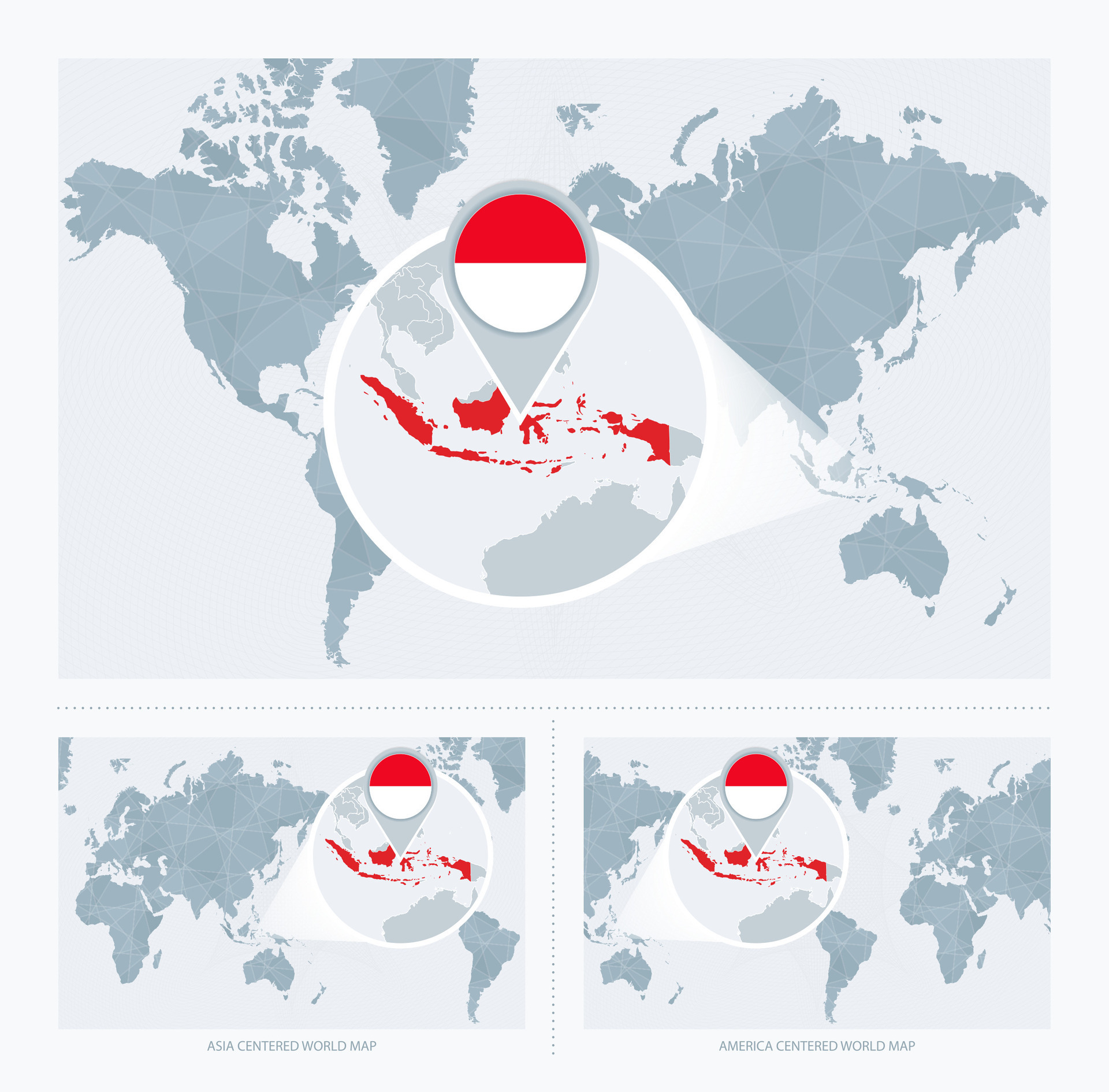 Magnified Indonesia Over Map Of The World 3 Versions Of The World Map Magnified Indonesia Over Map Of The World 3 Versions Of The World Map With Flag And Map Of Indonesia Vector